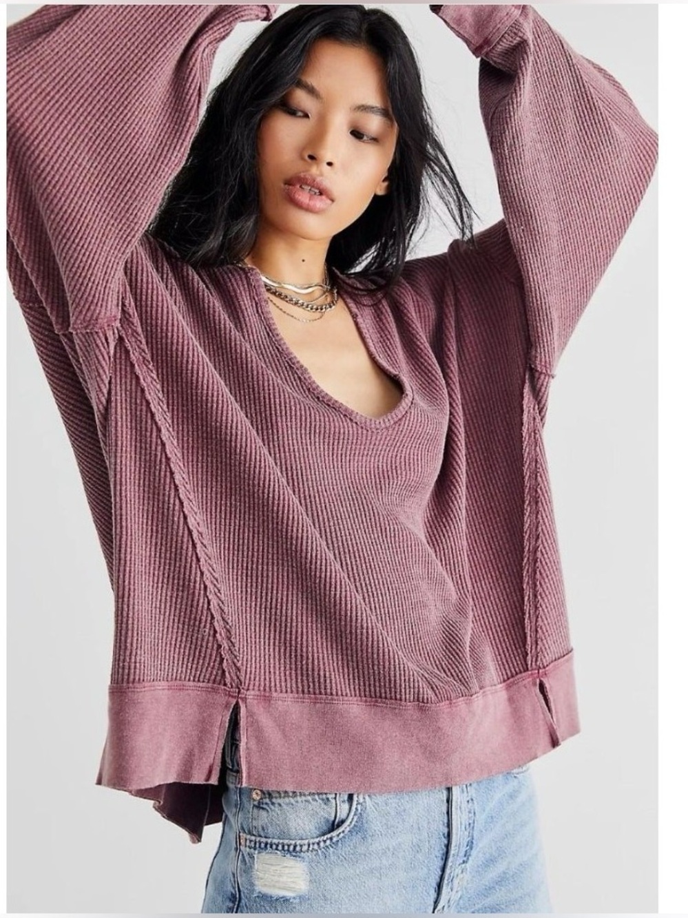 We the free people Relaxed Mauve V-Neck Waffle Knit Sweater spell anthropologie